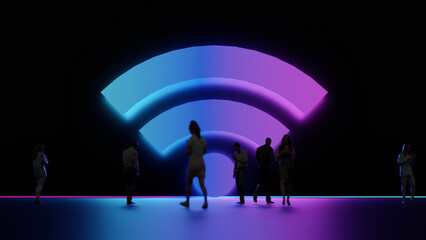 3d rendering people in front of big white symbol of Wi-Fi signal with signal waves and rounded corners with light and glow with floor reflection