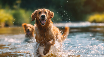  Golden Retrievers Run Joyfully in River, Water Splashing in Warm Light