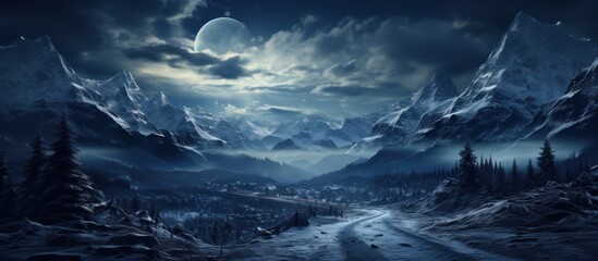 Mystical Mountain Village Night, Winter landscape with snowy mountains and moon. Panoramic view.