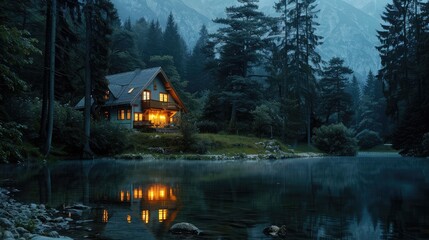 Beautiful landscape with mountain lake and wooden house at sunset.,Digital painting,Cityscape During Evening with Reflection in Water,Magic wooden houses by the river in the forest at the evening