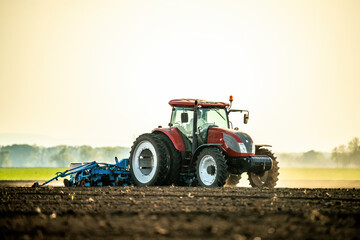 Fototapeta premium Farmer operates a red tractor, seeding the field against the backdrop of a setting sun