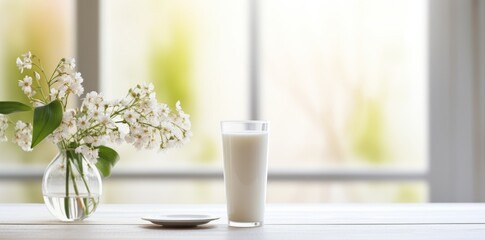 A glass glass with milk stands on a marble table with a bouquet of flowers