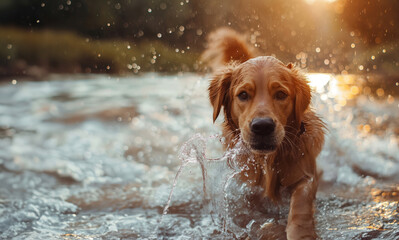 A Golden Retriever Enjoys A Relaxing Splash In The River As The Sun Sets