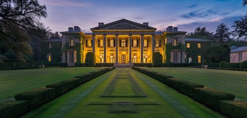 A majestic neoclassical mansion at dusk, with its grand columns illuminated by the soft, warm hues of golden hour.