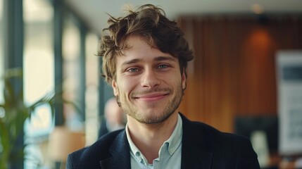 Fototapeta premium Portrait of young handsome businessman happy and confident smiling looking at camera in office