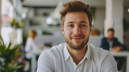 Fototapeta premium Portrait of young handsome businessman happy and confident smiling looking at camera in office
