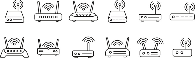 Internet connection business concept. Set of Routers icons in Linear styles with editable stock. Icons for mobile apps and websites. Broadband vectors illustration pictogram on transparent background.