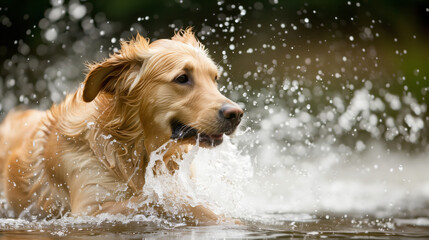 Joy Unleashed As A Golden Retriever Charges Through Water, Creating Dynamic Splashes