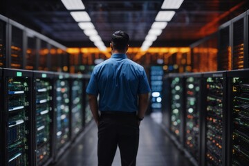 Data center engineers maintain network infrastructure and databases in server room