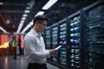 Data center engineers maintain network infrastructure and databases in server room