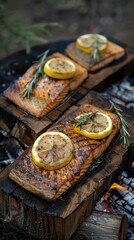 Grilled salmon fillets seasoned with rosemary, served on a wooden board with fresh lemon slices, cooking on a grill outdoors