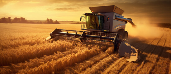 Combine Harvester in Wheat Field, Combine harvester in evening action