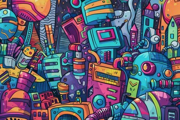 Obraz premium Cartoon cute doodles of industrial-inspired digital art, featuring futuristic cityscapes, cyborgs, and robots rendered in a playful, Generative AI 