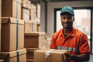 African male delivery worker with packages to deliver