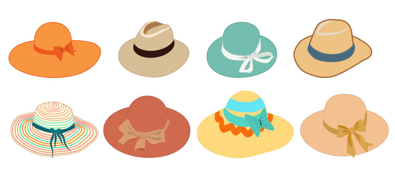 Summer hats set isolated on white background. Hats in flat stile for male and female Vector illustration EPS 10