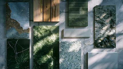 Top view moodboard Material samples Green stone wood : Generative AI