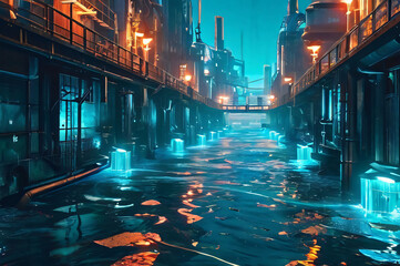 Flooded city at night