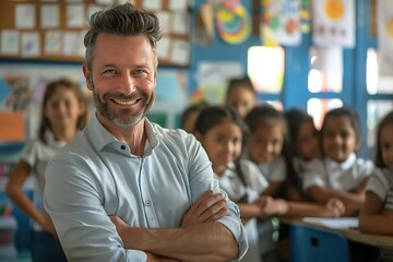 Teacher man, arms crossed and smile in class with school kids, pride or happy for education career. Academy, classroom and learning expert for children, face or portrait with development for future