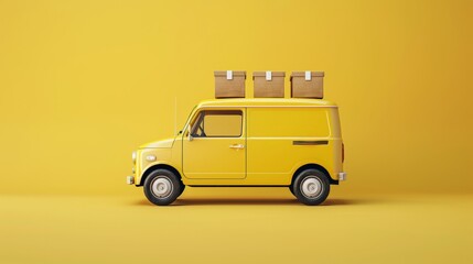 A yellow van is parked on a yellow background with boxes on top of it, 3d render