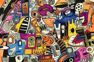Obraz premium Cartoon cute doodles of industrial-inspired performance art combining music, dance, and theater to tell stories of urban life, Generative AI