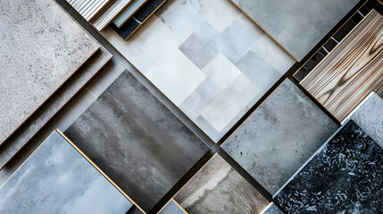 top view of interior finishing material combination containing wooden and concrete vinyl tiles white laminate  grey fabric grey interior wallpaper and synthesis stone samples : Generative AI