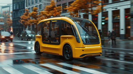 A yellow electric powered electric vehicle is driving down a city street