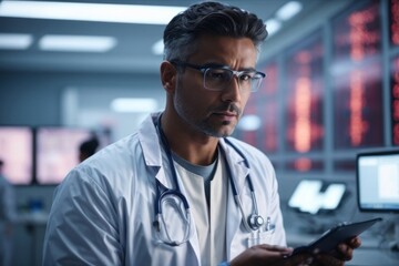 Naklejka premium male doctor working in futuristic hospital with high-tech healthcare tools and services