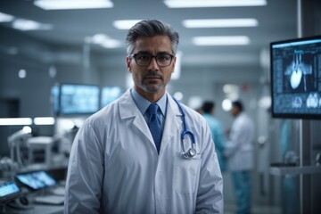 Fototapeta premium male doctor working in futuristic hospital with high-tech healthcare tools and services