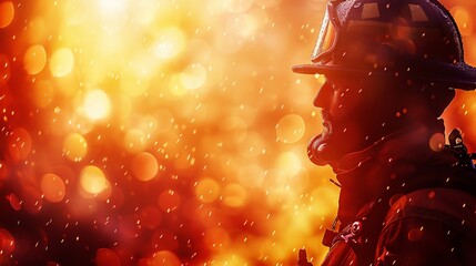 A closeup of a firefighters silhouette superimposed on a fiery scene