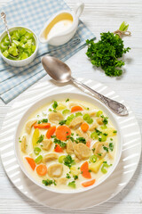 Knoephla soup, german dumpling soup in a bowl