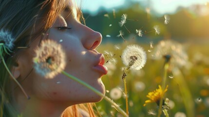Fototapeta premium A woman is joyfully blowing dandelions in a field, creating a fun gesture in closeup macro photography. The delicate plants form a circle, resembling a beautiful piece of art AIG50