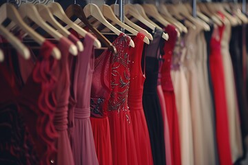 Closeup elegant formal dresses in boutique hanging on hangers, clothing rack on metal stand. Concept opening luxury shop, shopping mall, store sale, retail fashion store, second hand outlet