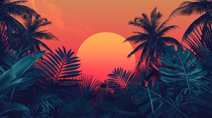 A tropical forest with palm trees and a large orange sun in the background