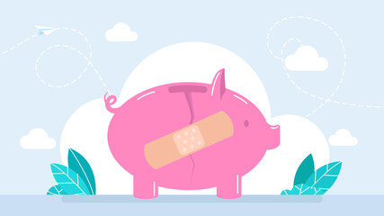 Broken pink piggy bank with patch spot. Handling financial stress creative idea. Economic Recovery. Stick Patch on Broken Piggy Bank. Flat style illustration