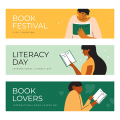 Book festival, literacy day, books lovers day vector illustration. Reading club, people read literature, diverse man and woman relax holding book in hand. School, leisure weekend activity. Banners set