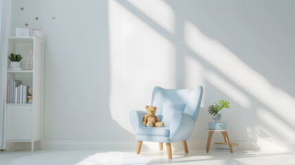 Small light blue armchair for kid standing in white room interior with stars on the wall white rug and cupboard with books teddy bear and fresh plant Empty space for your crib : Generative AI