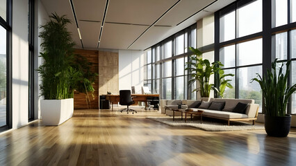 Fototapeta premium A modern, eco-friendly office with large windows letting in abundant natural light