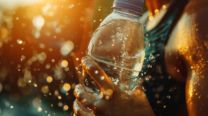 A close-up shot of a person hydrating with a water bottle during a high-intensity workout session, beads of sweat glistening on their skin, highlighting the importance of staying h