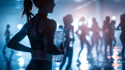 A dynamic scene of a fitness class participating in a synchronized water bottle break, highlighting...