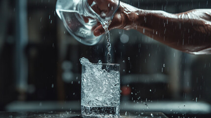 An action shot of a person pouring water from a pitcher into a glass, their muscles glistening with sweat from an intense exercise routine, emphasizing the importance of hydration