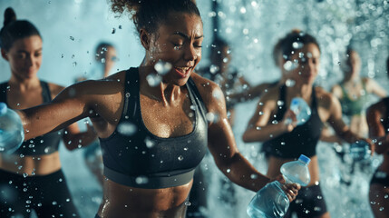 A dynamic scene of a fitness class participating in a synchronized water bottle break, highlighting the collective effort to normalize water balance and promote healthy hydration h