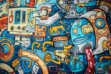 Cartoon cute doodles of industrial-style street art, with murals, graffiti, and stencils adorning urban walls with images of robots, factories, Generative AI