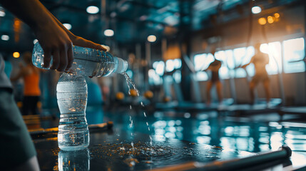 A cinematic image of a person refilling their water bottle at a hydration station, surrounded by fellow gym members engaged in various exercises, highlighting the communal effort t