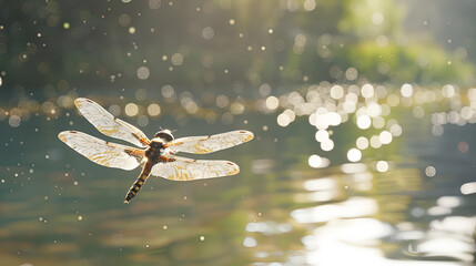A photorealistic depiction of a dragonfly in mid-flight, its transparent wings glittering in the sunlight, over a calm pond with sparkling bokeh effects and floating particles.