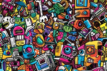 Cartoon cute doodles of industrial-style street art, with murals, graffiti, and stencils adorning urban walls with images of robots, factories, Generative AI
