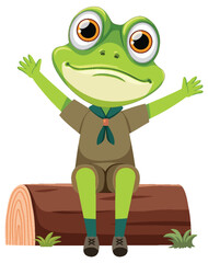 Frog scout sitting on a log, arms raised