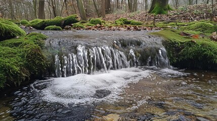 Obraz premium Stream flowing through a mosscovered forest, small waterfalls and stones creating a peaceful and tranquil environment