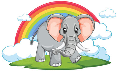 Cartoon elephant with a vibrant rainbow background