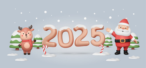 2025 New Year's banner with cute 3d Santa Claus waving his hand and baby deer. Snowy bubble numbers. Christmas trees and candy canes,  cartoon characters. Vector illustration. Winter holiday card