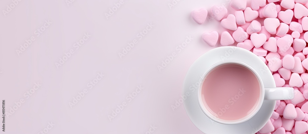 Poster top view of a cup of coffee with a heart shaped pink marshmallow on a white background providing cop